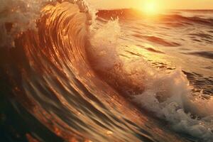 avvicinamento di oceano rottura onde. tramonto alba Crashing mare rompere ai generato foto