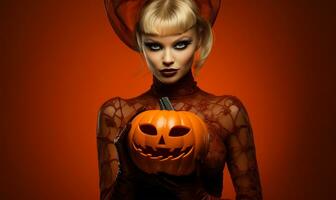 bellissimo ragazza nel nero strega costume con zucca. Halloween concetto ai generato foto