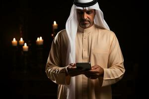 avvicinamento di musulmano uomo utilizzando mobile inteligente Telefono nel il moschea ai generato foto
