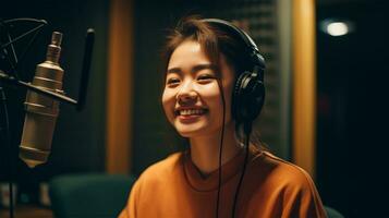 Cinese donna podcaster registrazione un Audio Podcast nel un' Radio stazione o Podcast studio, con un' messa a fuoco su sua viso come lei colloqui. ai generato foto