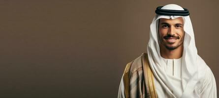 ritratto di arabo uomo con tradizionale Abiti su Marrone sfondo ai generato foto