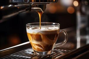 caffè espresso scrosciante a partire dal caffè macchina fluente in il caffè tazza con latte miscela ai generativo foto