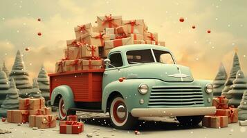 generativo ai, Vintage ▾ Natale auto con molti i regali, blu e rosso colori. saluto natale carta, inverno vacanze foto