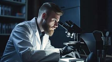 un' uomo nel un' laboratorio cappotto è guardare a un' microscopio ai generativo foto