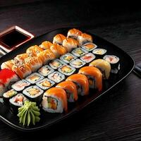 un' piatto di Sushi rotoli su un' tavolo, giapponese cibo ai generato Immagine foto