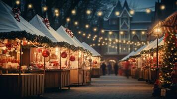 generativo ai, Natale giusto sfocato sfondo, inverno strada mercato nel Europa foto
