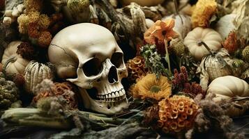 generativo ai, Halloween sfondo con cranio, fiori e piume nel boho stile, smorzato neutro colori, casa decorazione foto