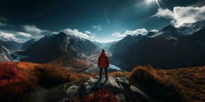 un' uomo nel reg giacca, guardare nel il valle di montagne, in piedi su il bordo di montagna - generativo ai foto