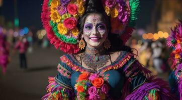 bellissimo donna con dipinto cranio su sua viso per del messico giorno di il morto foto