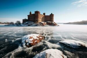 completamente congelato vecchio castello e freddo inverno paesaggio con iceberg in giro generativo ai foto