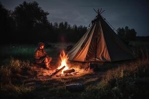 fuoco di bivacco e tenda come estate vacanza nel selvaggio natura generativo ai foto