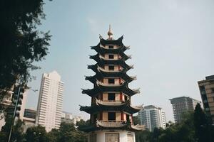 Cinese campana Torre e città punto di riferimento edificio generativo ai foto