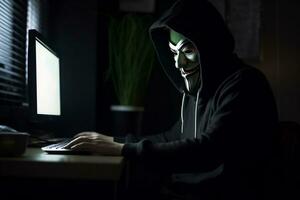 anonimo pirata con cappuccio e maschera seduta Il prossimo per computer generativo ai foto