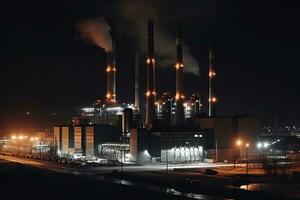 carbone energia pianta complesso a industriale quartiere con tre ciminiere a notte generativo ai foto