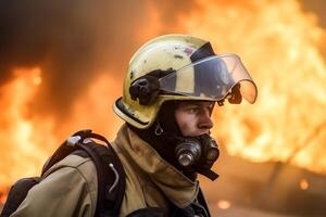 concentrato vigile del fuoco con casco a azione con fuoco a sfondo generativo ai foto