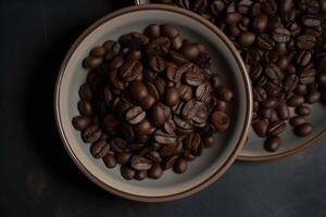 caffè fagioli nel il tazza un piatto su il tavolo a partire dal sopra generativo ai foto