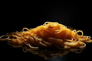 spaghetto su il di legno tavola con buio illuminazione e nero sfondo. cibo e consegna concetto. generativo ai foto