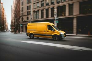 un' giallo consegna furgone unità veloce attraverso il città. la logistica e consegna concetto.ai generativo foto