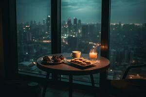 un' tazza di caffè su il tavolo di il panoramico finestra prospiciente il notte città. ai generativo foto