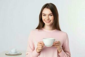 donna caffè tazza vicino su ritratto ai generativo foto