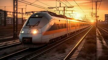 moderno veloce treno è andando per il destinazione ai generativo foto