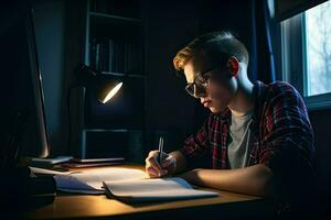 un' giovane uomo è scrittura nel un' taccuino a notte ai generativo foto