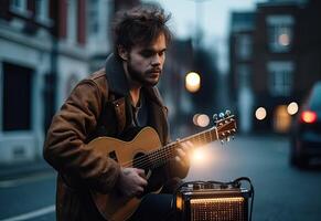 un' uomo seduta su il strada giocando un acustico chitarra ai generativo foto