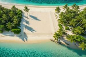 aereo Visualizza di bellissimo tropicale spiaggia e mare con Noce di cocco palma albero. ai generativo foto