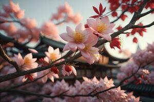 ciliegia fiorire sakura fiore su blu cielo sfondo, ai generativo foto