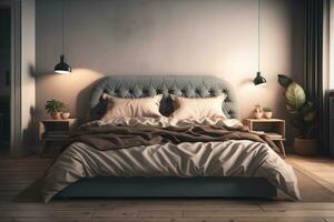 moderno Camera da letto interno design con grigio muri, di legno pavimento, confortevole re dimensione letto con Due cuscini. ai generativo foto