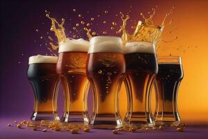 bicchieri di diverso birra su un' solido colore sfondo. ai generativo foto