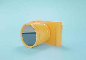 illustrazione 3d della fotocamera mirrorless. macchina fotografica digitale gialla su sfondo blu. Rendering 3d minimo un concetto di foto scattata