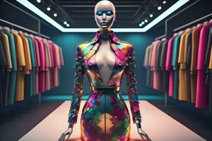 futuristico moda indossatrice nel il negozio. ai generativo foto