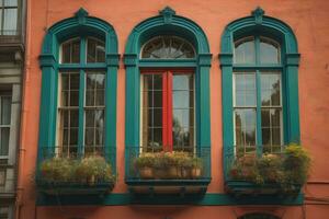 colorato finestre di un' tipico Casa nel il città, ai generativo foto