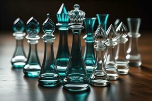 bicchiere scacchi pezzi su un' buio sfondo, il concetto di attività commerciale strategia. ai generativo foto