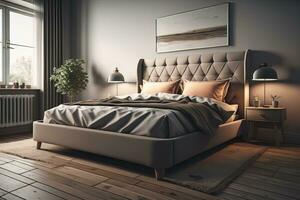 moderno Camera da letto interno design con grigio muri, di legno pavimento, confortevole re dimensione letto con Due cuscini. ai generativo foto