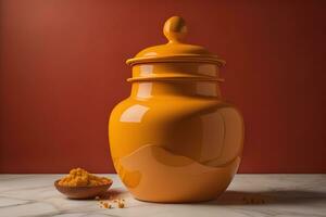 vaso di miele con solido colore sfondo. ai generativo foto