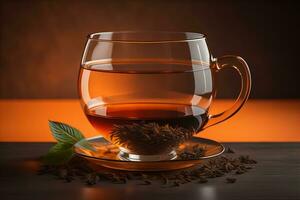 tazza di tè con menta le foglie su di legno tavolo, avvicinamento. ai generativo foto