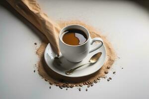 caffè tazza e caffè fagioli su un' di legno tavolo, superiore Visualizza. ai generativo foto