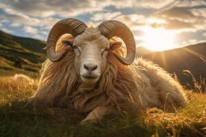 ai generato islandese pecora montone con magnifico cavatappi corna di cui nel il erba n campo nel caldo tramonto leggero , Eid-al-Adha concetto foto