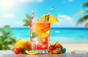 estate cocktail, rinfrescante tropicale bere, spiaggia sfondo ai generato foto