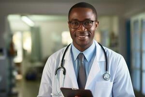 africano americano maschio medico utilizzando digitale tavoletta nel Ospedale. medici giorno ai generato foto