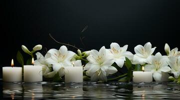 mazzo di bianca magnolia fiori con ardente candela su nero sfondo ai generato foto