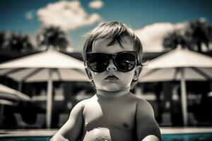 carino bambino con occhiali da sole nel nuoto piscina. estate vacanza concetto ai generato foto