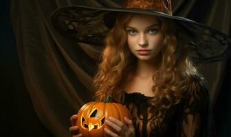 bellissimo ragazza nel nero strega costume con zucca. Halloween concetto ai generato foto