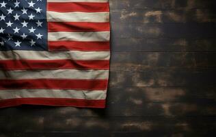 americano bandiera su di legno tavolo contro buio grigio sfondo ai generato foto