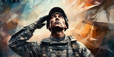 soldato salutando con mano contro digitalmente generato Immagine di astratto sfondo ai generato foto