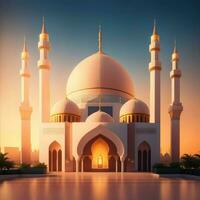 illustrazione di il bellissimo brillante moschea e Ramadan islamico cultura icona e con bellissimo sole luce, il punto di riferimento, generativo ai foto