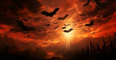 molti pipistrelli volante a luminosa rosso tramonto, festivo notte di il morto, Halloween - ai generato Immagine foto