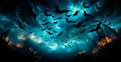 molti pipistrelli volante nel il buio notte, festivo notte di il morto, Halloween - ai generato Immagine foto